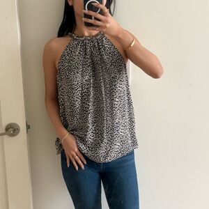 Joie Flowy Silk Cheetah Print Sleeveless Halter Top With Beaded Neckline